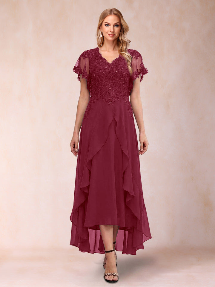 A-Line/Princess V-Neck Short Sleeves Asymmetrical Tea-Length Mother of the Bride Dresses with Appliques &amp; Ruffles