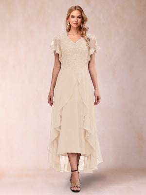 A-Line/Princess V-Neck Short Sleeves Asymmetrical Tea-Length Mother of the Bride Dresses with Appliques & Ruffles