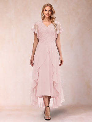 A-Line/Princess V-Neck Short Sleeves Asymmetrical Tea-Length Mother of the Bride Dresses with Appliques & Ruffles