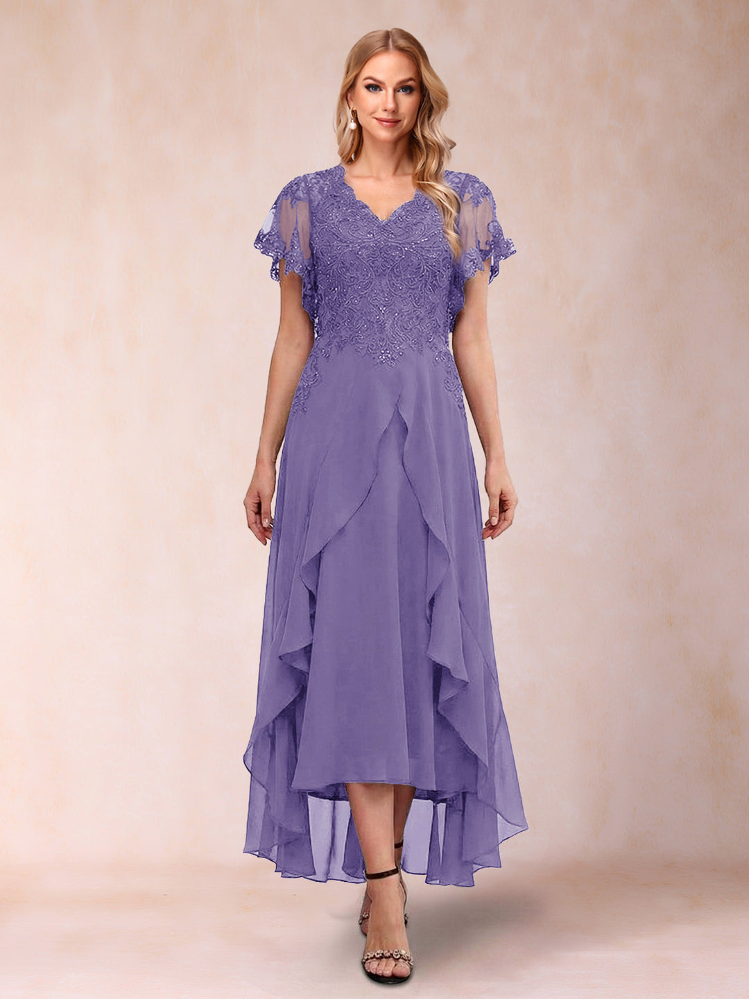 A-Line/Princess V-Neck Short Sleeves Asymmetrical Tea-Length Mother of the Bride Dresses with Appliques &amp; Ruffles