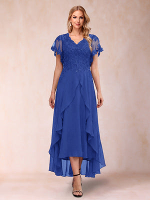 A-Line/Princess V-Neck Short Sleeves Asymmetrical Tea-Length Mother of the Bride Dresses with Appliques & Ruffles