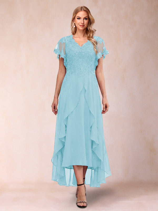 A-Line/Princess V-Neck Short Sleeves Asymmetrical Tea-Length Mother of the Bride Dresses with Appliques & Ruffles