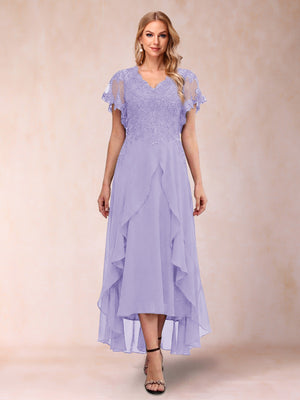 A-Line/Princess V-Neck Short Sleeves Asymmetrical Tea-Length Mother of the Bride Dresses with Appliques & Ruffles