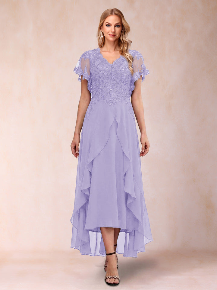 A-Line/Princess V-Neck Short Sleeves Asymmetrical Tea-Length Mother of the Bride Dresses with Appliques &amp; Ruffles