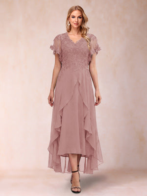A-Line/Princess V-Neck Short Sleeves Asymmetrical Tea-Length Mother of the Bride Dresses with Appliques & Ruffles