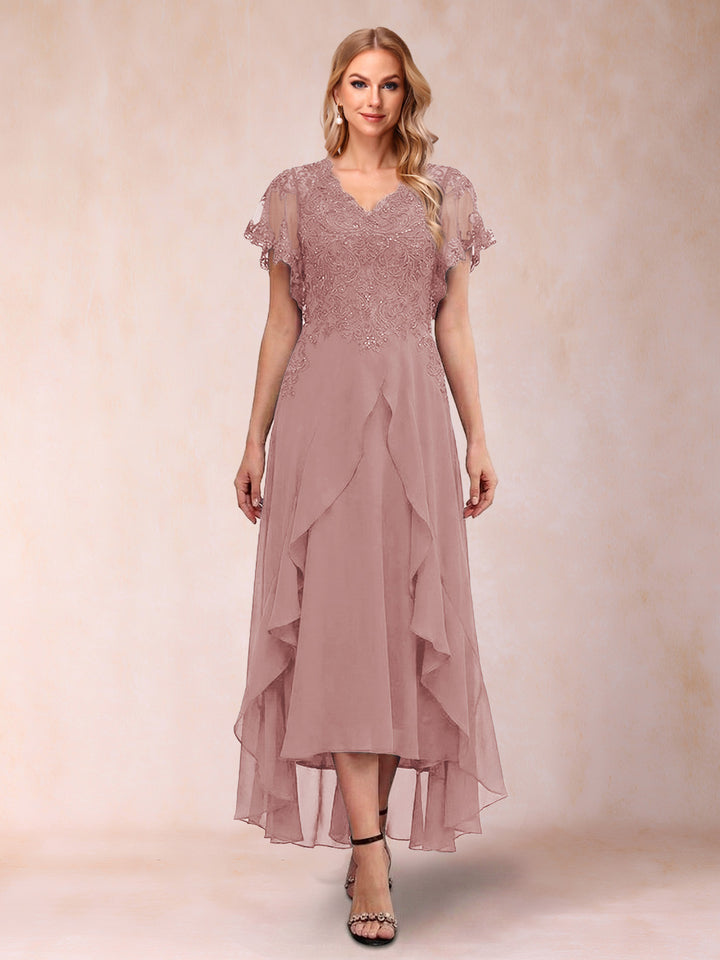 A-Line/Princess V-Neck Short Sleeves Asymmetrical Tea-Length Mother of the Bride Dresses with Appliques &amp; Ruffles