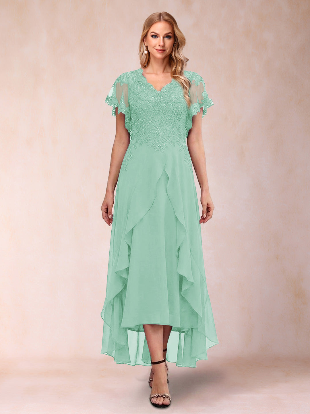 A-Line/Princess V-Neck Short Sleeves Asymmetrical Tea-Length Mother of the Bride Dresses with Appliques &amp; Ruffles