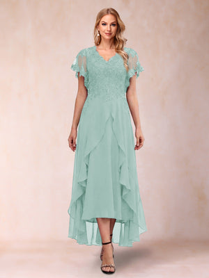 A-Line/Princess V-Neck Short Sleeves Asymmetrical Tea-Length Mother of the Bride Dresses with Appliques & Ruffles