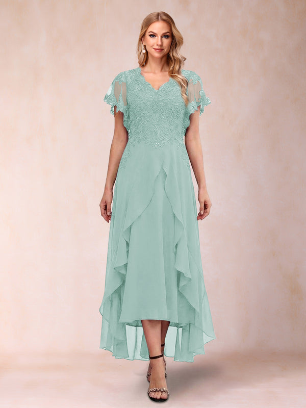 A-Line/Princess V-Neck Short Sleeves Asymmetrical Tea-Length Mother of the Bride Dresses with Appliques & Ruffles