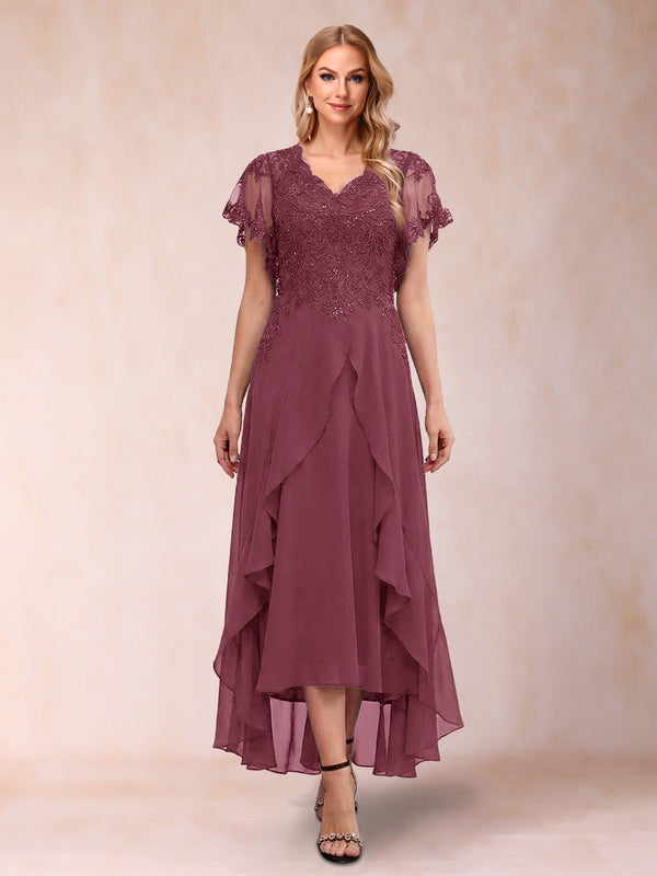 A-Line/Princess V-Neck Short Sleeves Asymmetrical Tea-Length Mother of the Bride Dresses with Appliques & Ruffles