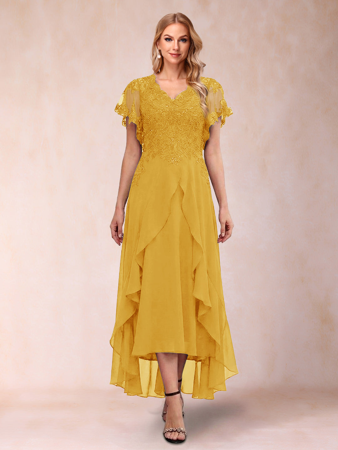 A-Line/Princess V-Neck Short Sleeves Asymmetrical Tea-Length Mother of the Bride Dresses with Appliques &amp; Ruffles