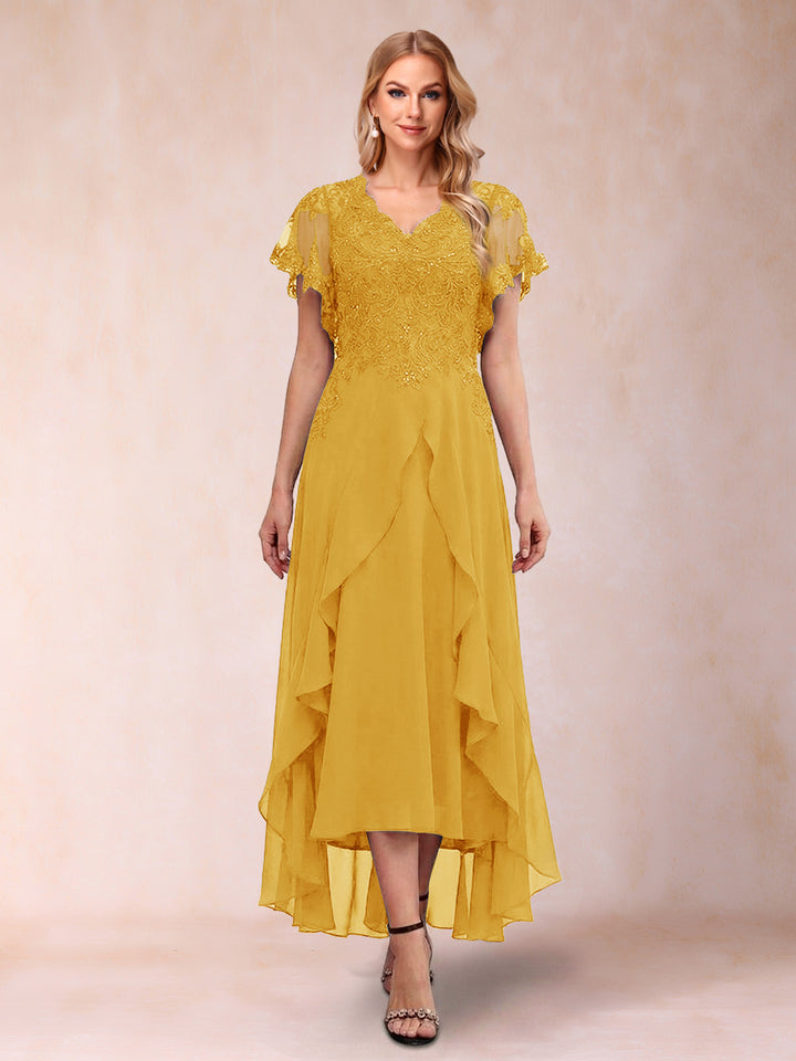 A-Line/Princess V-Neck Short Sleeves Asymmetrical Tea-Length Mother of the Bride Dresses with Appliques &amp; Ruffles