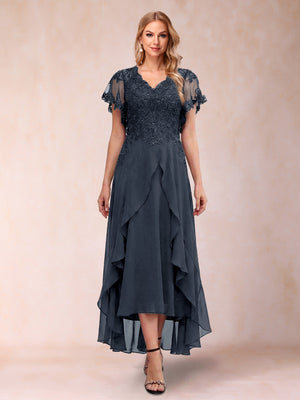 A-Line/Princess V-Neck Short Sleeves Asymmetrical Tea-Length Mother of the Bride Dresses with Appliques & Ruffles