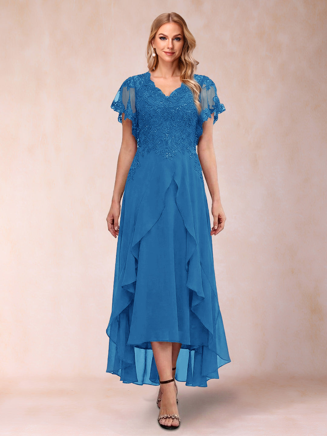 A-Line/Princess V-Neck Short Sleeves Asymmetrical Tea-Length Mother of the Bride Dresses with Appliques &amp; Ruffles