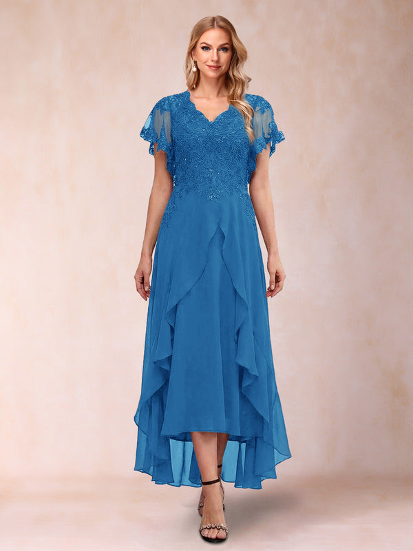 A-Line/Princess V-Neck Short Sleeves Asymmetrical Tea-Length Mother of the Bride Dresses with Appliques & Ruffles