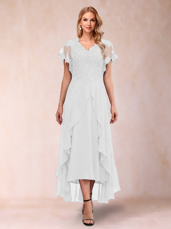 A-Line/Princess V-Neck Short Sleeves Asymmetrical Tea-Length Mother of the Bride Dresses with Appliques & Ruffles