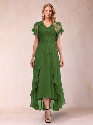 A-Line/Princess V-Neck Short Sleeves Asymmetrical Tea-Length Mother of the Bride Dresses with Appliques & Ruffles