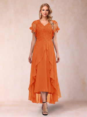 A-Line/Princess V-Neck Short Sleeves Asymmetrical Tea-Length Mother of the Bride Dresses with Appliques & Ruffles