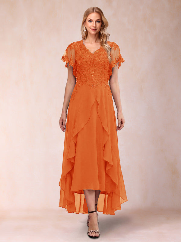 A-Line/Princess V-Neck Short Sleeves Asymmetrical Tea-Length Mother of the Bride Dresses with Appliques & Ruffles