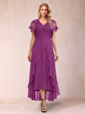 A-Line/Princess V-Neck Short Sleeves Asymmetrical Tea-Length Mother of the Bride Dresses with Appliques & Ruffles