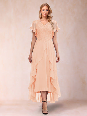 A-Line/Princess V-Neck Short Sleeves Asymmetrical Tea-Length Mother of the Bride Dresses with Appliques & Ruffles