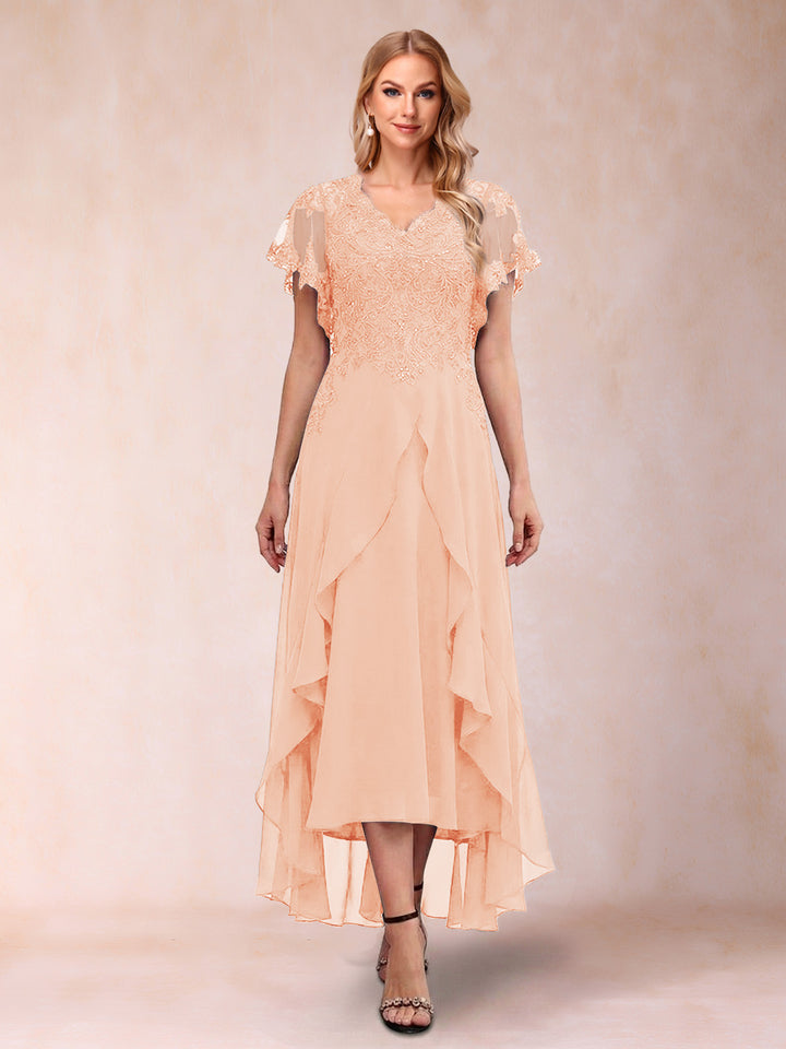 A-Line/Princess V-Neck Short Sleeves Asymmetrical Tea-Length Mother of the Bride Dresses with Appliques &amp; Ruffles