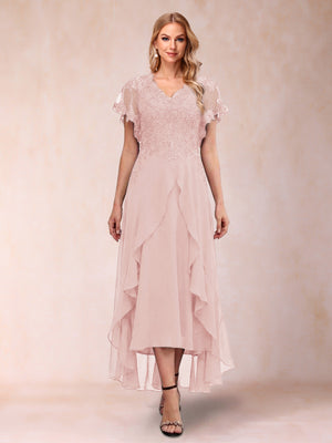 A-Line/Princess V-Neck Short Sleeves Asymmetrical Tea-Length Mother of the Bride Dresses with Appliques & Ruffles