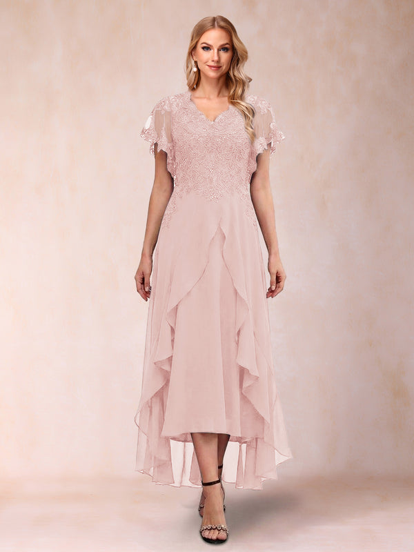 A-Line/Princess V-Neck Short Sleeves Asymmetrical Tea-Length Mother of the Bride Dresses with Appliques & Ruffles