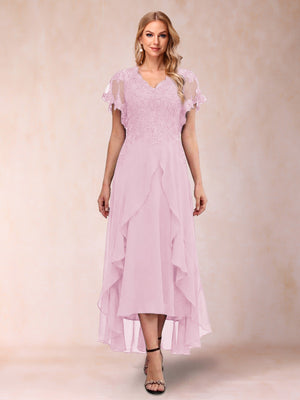 A-Line/Princess V-Neck Short Sleeves Asymmetrical Tea-Length Mother of the Bride Dresses with Appliques & Ruffles