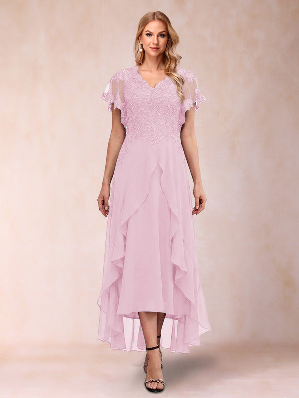A-Line/Princess V-Neck Short Sleeves Asymmetrical Tea-Length Mother of the Bride Dresses with Appliques & Ruffles