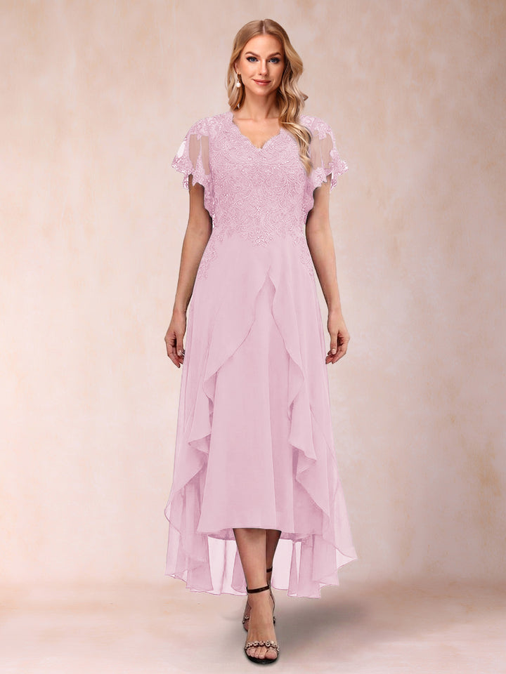 A-Line/Princess V-Neck Short Sleeves Asymmetrical Tea-Length Mother of the Bride Dresses with Appliques &amp; Ruffles
