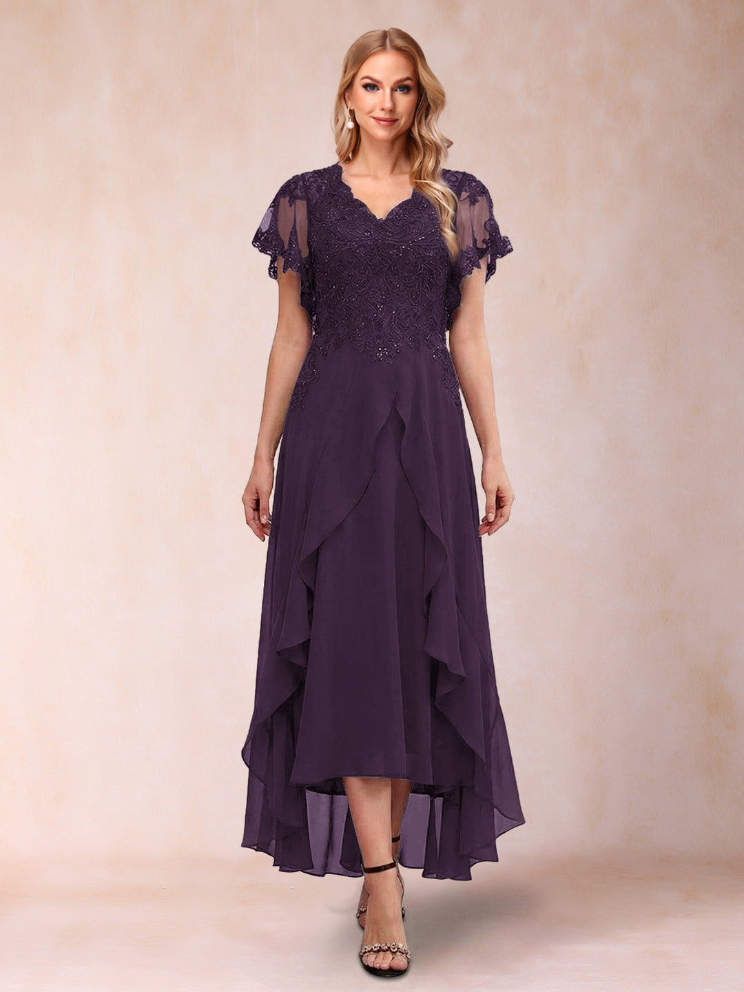 A-Line/Princess V-Neck Short Sleeves Asymmetrical Tea-Length Mother of the Bride Dresses with Appliques &amp; Ruffles