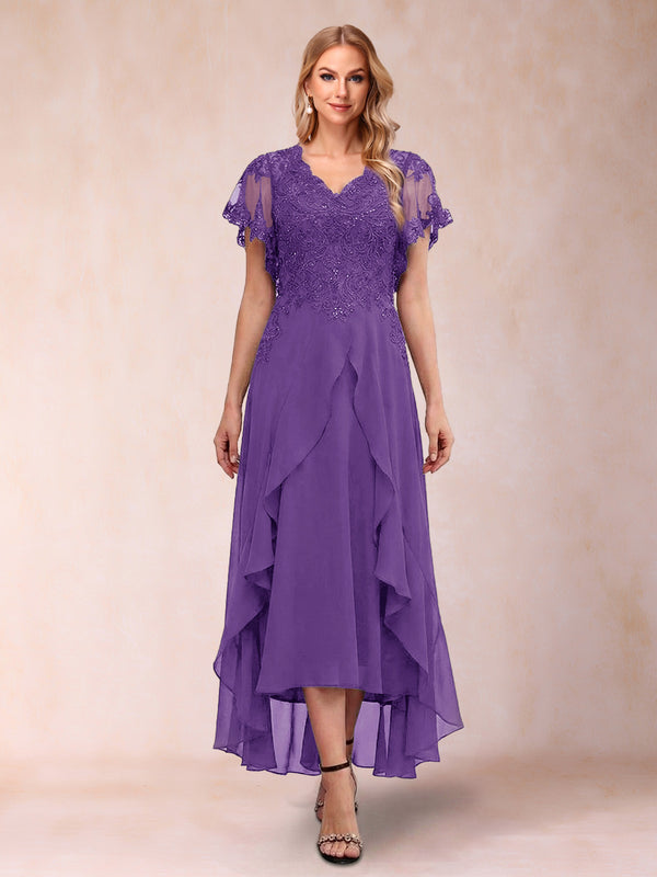 A-Line/Princess V-Neck Short Sleeves Asymmetrical Tea-Length Mother of the Bride Dresses with Appliques & Ruffles