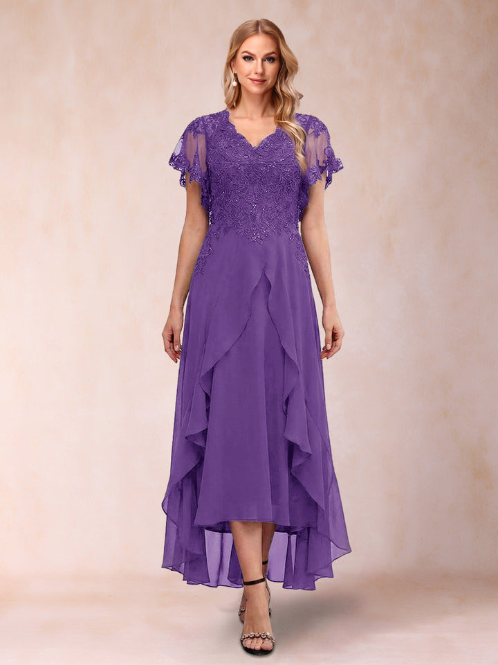 A-Line/Princess V-Neck Short Sleeves Asymmetrical Tea-Length Mother of the Bride Dresses with Appliques &amp; Ruffles