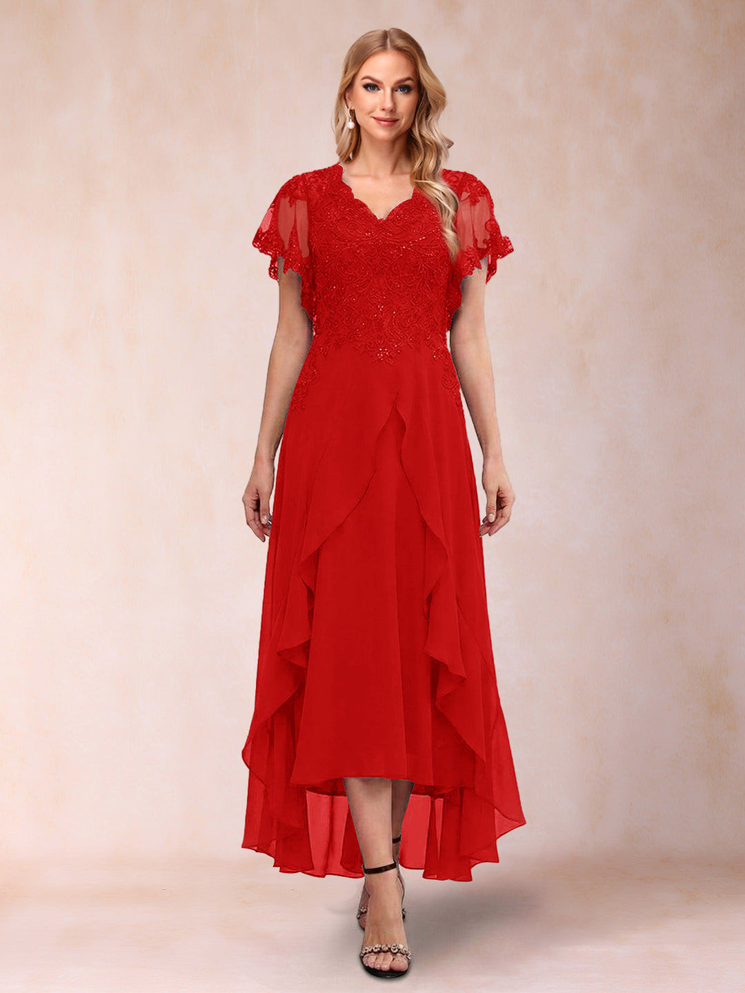 A-Line/Princess V-Neck Short Sleeves Asymmetrical Tea-Length Mother of the Bride Dresses with Appliques &amp; Ruffles