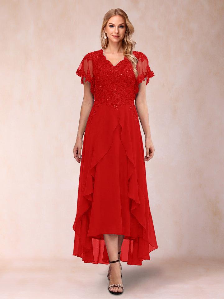 A-Line/Princess V-Neck Short Sleeves Asymmetrical Tea-Length Mother of the Bride Dresses with Appliques &amp; Ruffles