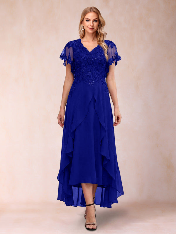 A-Line/Princess V-Neck Short Sleeves Asymmetrical Tea-Length Mother of the Bride Dresses with Appliques & Ruffles