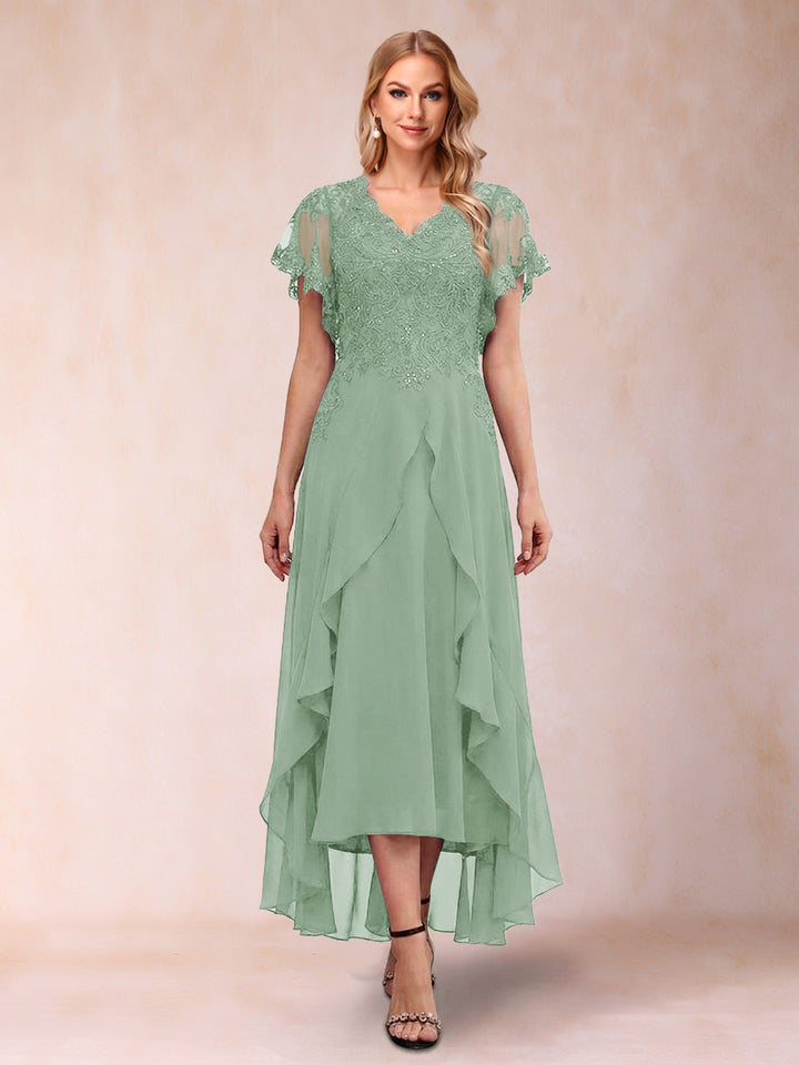 A-Line/Princess V-Neck Short Sleeves Asymmetrical Tea-Length Mother of the Bride Dresses with Appliques &amp; Ruffles