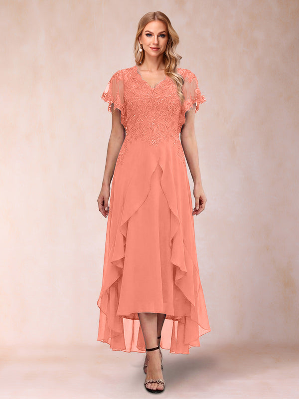 A-Line/Princess V-Neck Short Sleeves Asymmetrical Tea-Length Mother of the Bride Dresses with Appliques & Ruffles