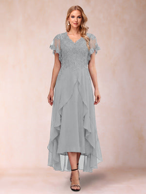 A-Line/Princess V-Neck Short Sleeves Asymmetrical Tea-Length Mother of the Bride Dresses with Appliques & Ruffles