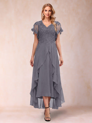A-Line/Princess V-Neck Short Sleeves Asymmetrical Tea-Length Mother of the Bride Dresses with Appliques & Ruffles