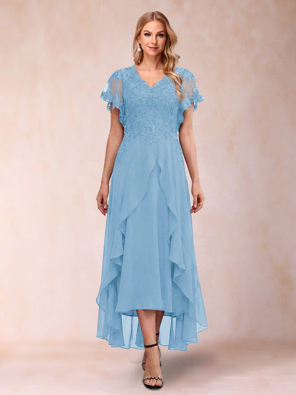 A-Line/Princess V-Neck Short Sleeves Asymmetrical Tea-Length Mother of the Bride Dresses with Appliques & Ruffles
