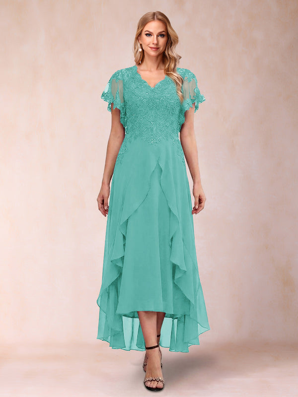 A-Line/Princess V-Neck Short Sleeves Asymmetrical Tea-Length Mother of the Bride Dresses with Appliques & Ruffles