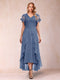 A-Line/Princess V-Neck Short Sleeves Asymmetrical Tea-Length Mother of the Bride Dresses with Appliques & Ruffles