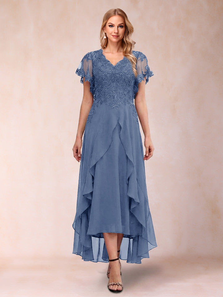 A-Line/Princess V-Neck Short Sleeves Asymmetrical Tea-Length Mother of the Bride Dresses with Appliques &amp; Ruffles