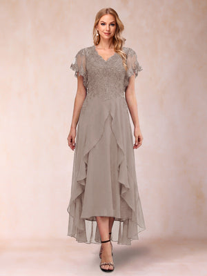 A-Line/Princess V-Neck Short Sleeves Asymmetrical Tea-Length Mother of the Bride Dresses with Appliques & Ruffles