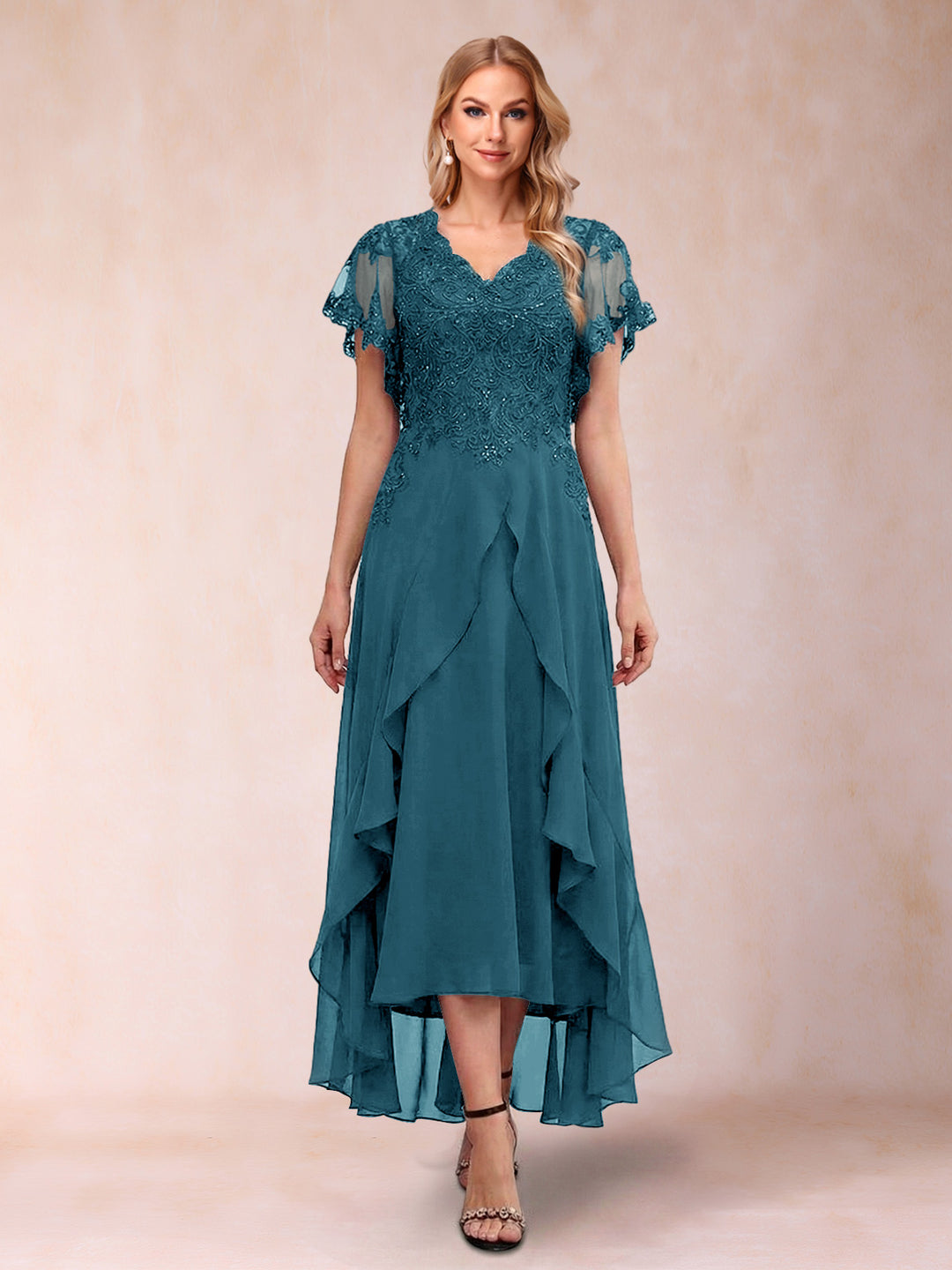 A-Line/Princess V-Neck Short Sleeves Asymmetrical Tea-Length Mother of the Bride Dresses with Appliques &amp; Ruffles