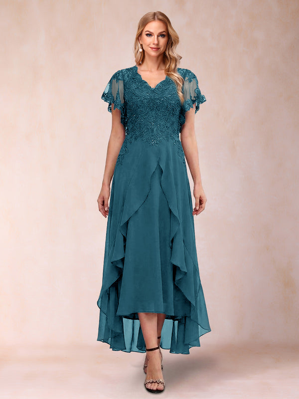A-Line/Princess V-Neck Short Sleeves Asymmetrical Tea-Length Mother of the Bride Dresses with Appliques & Ruffles