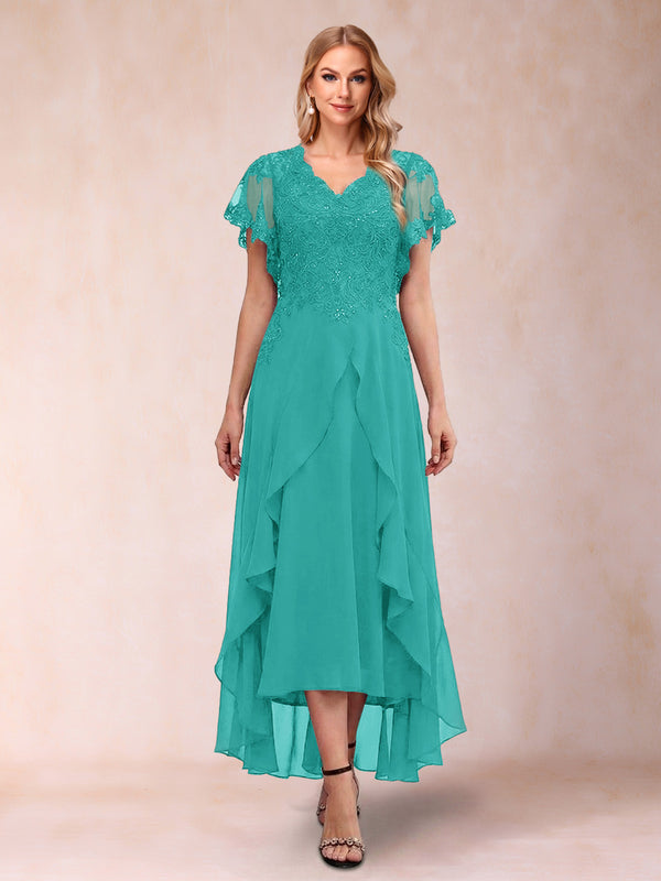 A-Line/Princess V-Neck Short Sleeves Asymmetrical Tea-Length Mother of the Bride Dresses with Appliques & Ruffles