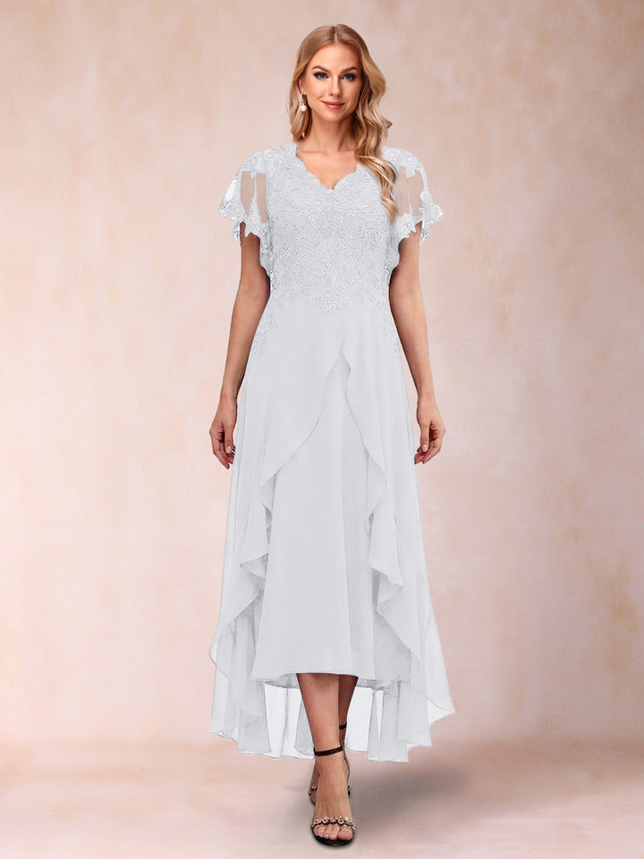 A-Line/Princess V-Neck Short Sleeves Asymmetrical Tea-Length Mother of the Bride Dresses with Appliques &amp; Ruffles